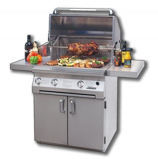 This grill is infrared and has a blue-flame burner, steamer/fryer, smoker, wok ring, bbq tray and a griddle attachment.