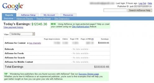 Fake AdSense Earnings report from googleadsensegenerator.com, one of MANY ways to get fake AdSense Reports.