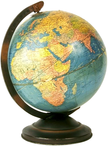 Globe with colorful continents in yellow/orange and blue/green oceans