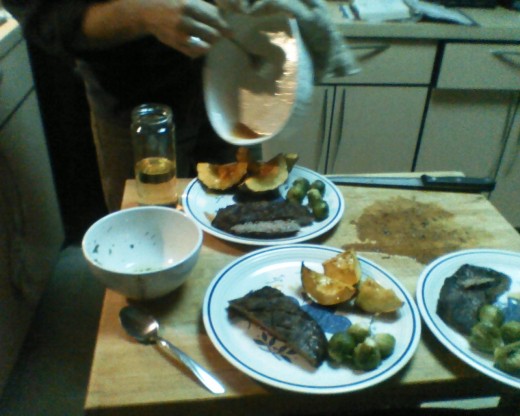 The final pieces complete with marinated flank steak and buttered brussel sprouts, yum!