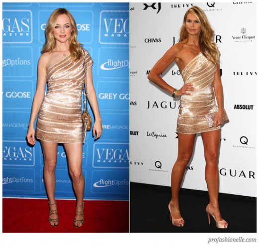 Heather Graham for Vegas Magazines Sixth Anniversary wearing a gorgeous one-shouldered gold Herv Lger Spring 2009 dress. Next, Elle McPherson wearing the same dress in London