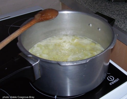 Easy to cook!  Here you can see the potato, onion and garlic bubbling away, ready for the cheese to be added.