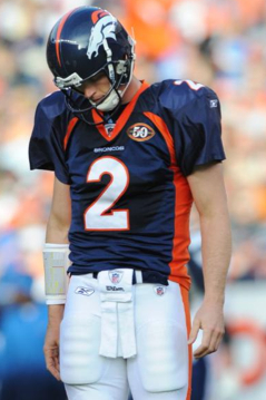 Denver Broncos' Chris Simms (2) walks off the field during the second quarter of an NFL football game against the San Diego Chargers, Sunday, Nov. 22, 2009, in Denver. Simms was replaced by quarterback Kyle Orton during the quarter. (AP Photo/Chris S