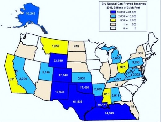 Dark blue states show where large amounts of natural gas are extracted, medium blue, moderate, light blue little, white no gas extracted.