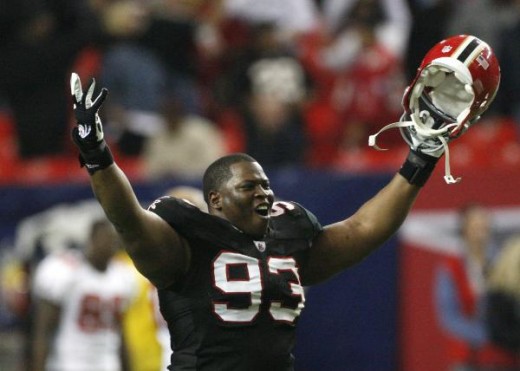 Atlanta Falcons' Chauncey Davis celebrates after Atlanta defeated the Tampa Bay Bucs (AP Photo/John Bazemore)