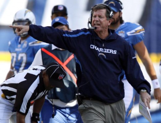 Norv Turner yells at an official during the Chargers' 43-14 victory over the Kansas City Chiefs in an NFL football game  (AP Photo/Denis Poroy)