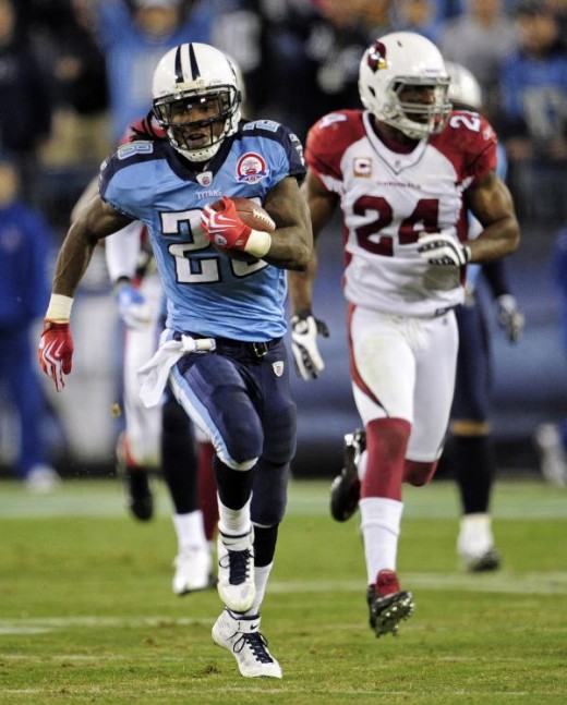 Chris Johnson (28) leaves Arizona Cardinals safety Adrian Wilson (24) behind as Johnson runs for an 85-yard touchdown against the Arizona Cardinals in the third quarter of an NFL football game Sunday, Nov. 29, 209, in Nashville, Tenn. (AP Photo/John 