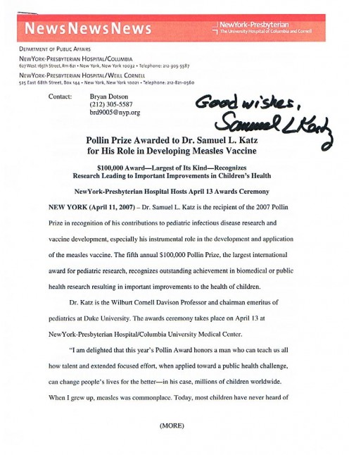 This item shows the autograph of Pollin Prize winner, Dr. Samuel Katz.