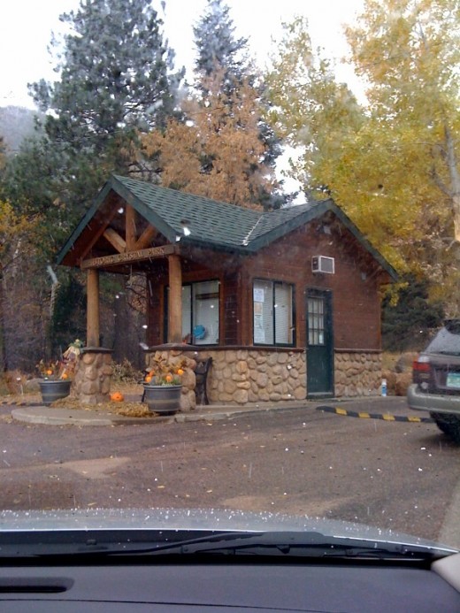 A guard station at the entrance to a subdivision in the mountains around CS. The snow was heavy in this location.