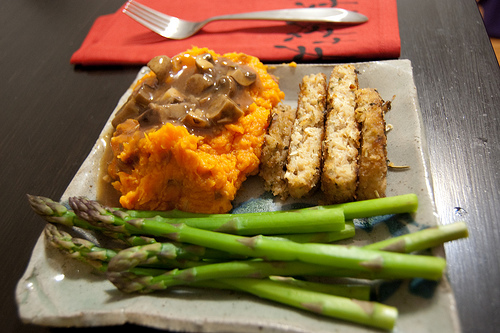 Vegetarian meal - sweet potatoes with mushroom sauce http://www.flickr.com/photos/concrete_ocean/3390771195/