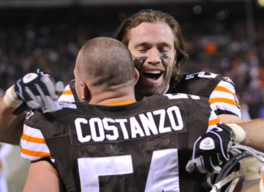 Nick Sorensen, right, hugs linebacker Blake Costanzo after the Browns beat the Pittsburgh Steelers 13-6 in an NFL football game Thursday, Dec. 10, 2009, in Cleveland. (AP Photo/David Richard)