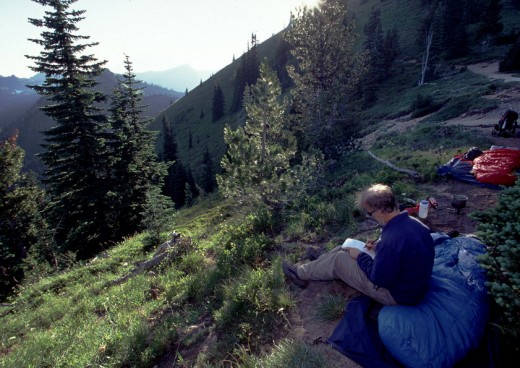 Bill writes in his trail journal at our bivouac at Bear Gap.