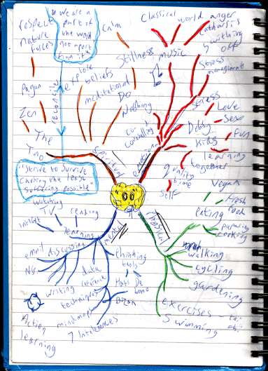 Mindmap by Graham Burnett consisting of rough notes taken during a course on Wellbeing. 