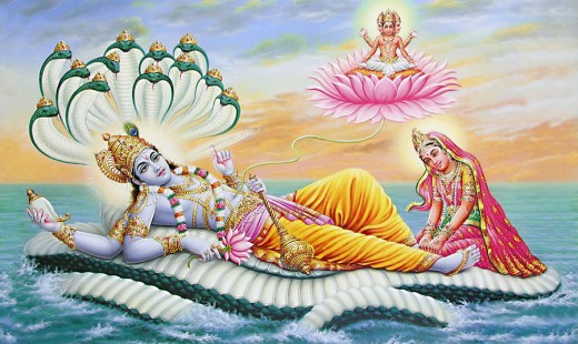 Brahma emerging from the naval of Vishnu with Lakshmi at his feet.