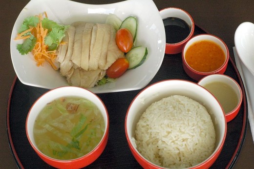 Hainanese chicken rice at Chatterbox, Meritus Mandarin Hotel, Singapore. At S$30 with tax and service, this is probably the most expensive chicken rice in the country! Credit: Jpatokal  Wikimedia Commons