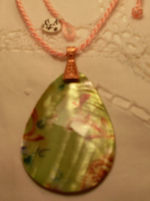 Lime Shell Teardrop Pendant on Peach Chinese Silk Cord Necklace