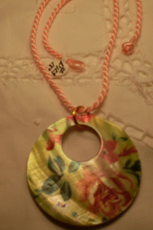 Lime Floral Donut Shell Pendant on Peach Chinese Silk Cord, Necklace