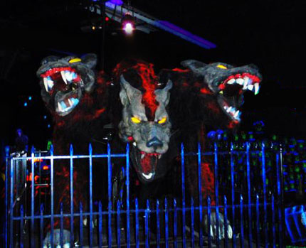The three headed monster can be found living at Monster Minigold, Middletown NY.