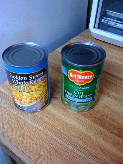 A can of corn and a can of green beans. Use canned or frozen vegetables.
