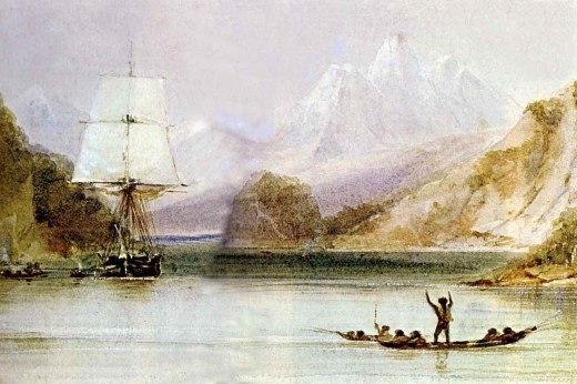 HMS Beagle in South America by Conraqd Martens, shipboard artist