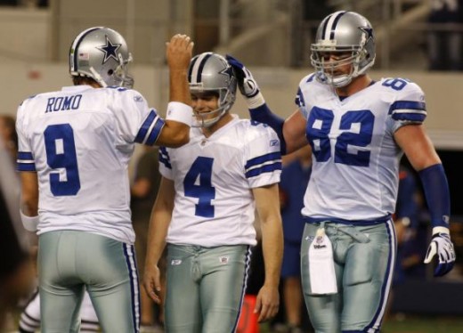 Dallas Cowboys quarterback Tony Romo (9) and tight end Jason Witten (82) congratulate kicker Shaun Suisham (4) following a successful extra point in the first half of an NFL football game against the Philadelphia Eagles, Sunday, Jan. 3, 2010, in Arli
