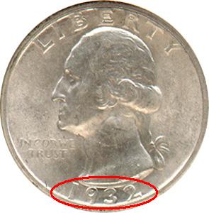 The date is located below the bust of George Washington, highlighted in red above.