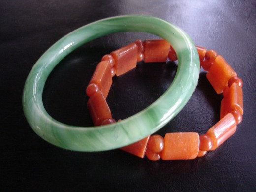 Light green jade bangle and a Carnelian beaded bracelet - property of author