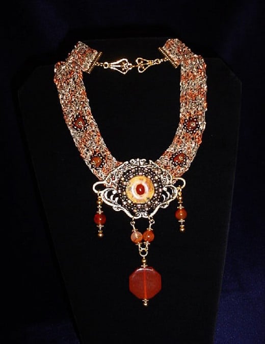 Exquisitely woven Carnelian beaded Necklace from mjcraftsdesignstudio.blogspot.com