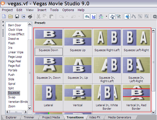 Some of the video transitions in Vegas Movie Studio