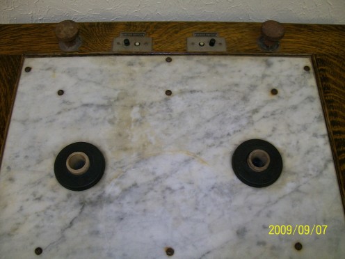 Top view of cabinet where 'something' extruded the mystery-ray electrical system. Perhaps it was the holder of the film to be exposed to the mystery ray.