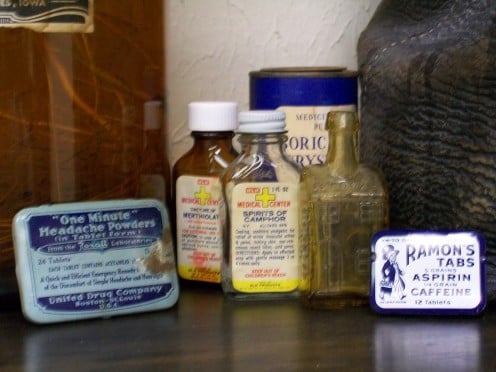 Headache powders, tabs, camphor and boric acid too.  Utilitarian.