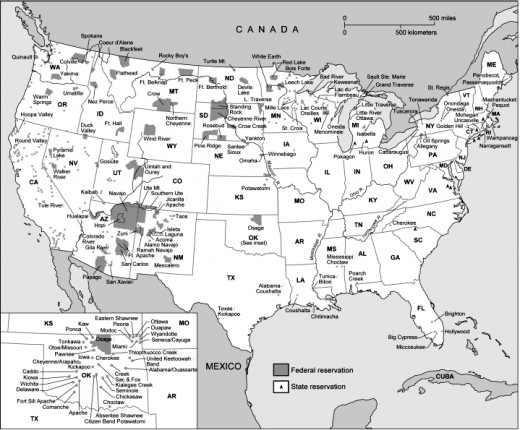 Oklahoma hosts the most Native reservations in the USA. Notice tiny St. Regis at the top of New York where only 1 out of the 8 bands of Mohawk, for example, are legal entities.