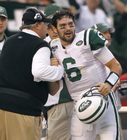 New York Jets quarterback Mark Sanchez celebrates with coach Rex Ryan during the fourth quarter against the San Diego Chargers in an NFL divisional playoff football game, Sunday, Jan. 17, 2010, in San Diego. (AP Photo/Jeff Chiu)