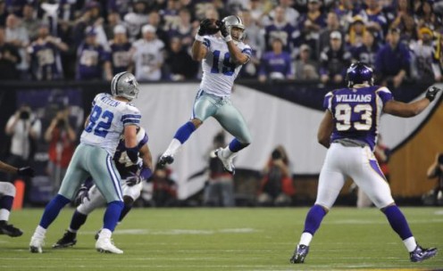 # Dallas Cowboys' Miles Austin (19) catches a pass during the first half of an NFL divisional playoff football game against the Minnesota Vikings Sunday, Jan. 17, 2010, in Minneapolis. (AP Photo/Hannah Foslien) 