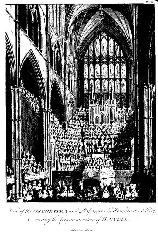 Trombones are not visible in this size image, but they're in the upper right corner of the orchestra, level with the organ.