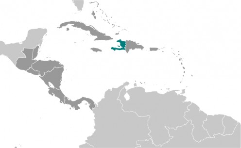 Haiti is in green; Cuba just to the northwest (public domain, CIA). 