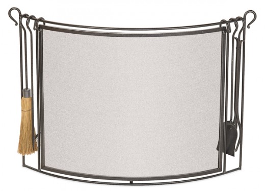 Fireplace free-standing screen includes fireplace tools in the design.