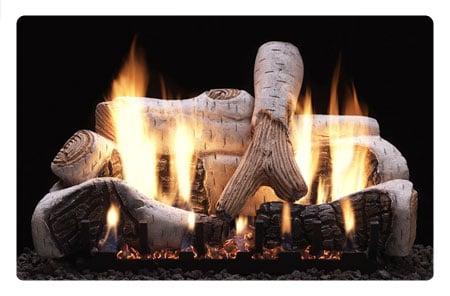 Ventless gas log fireplace designs have specific patterned logs to minimize carbon build up.  Even with the safety precautions and lower BTU necessary for vent free gas logs, a Birch design like this one will need to be cleaned often.