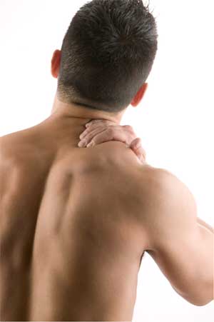 Man Rubbing Upper Back, Showing Back Pain
