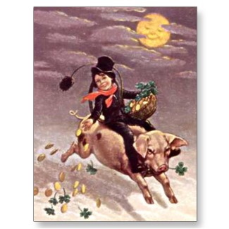 Vintage Boy on Pig Postcard