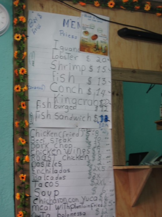 Food Menu for Bar & Grill On The Spot (prices are listed in U.S. $) in Coxen Hole, Honduras