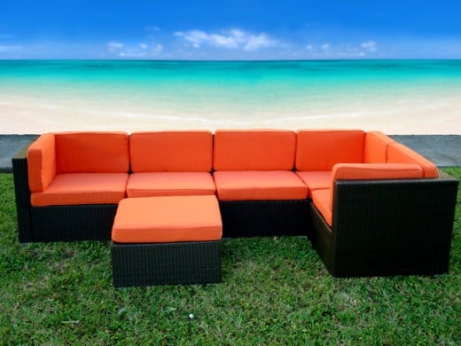 Modular resin wicker outdoor furniture can be arranged and re-arranged to fit whatever space you place it.