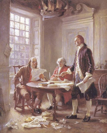 Benjamin Franklin and John Adams critique Thomas Jefferson's rough draft of the Declaration of Independence 