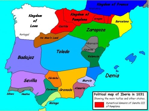 'Political map of Iberia in 1031 (showing major taifas and other states).' A* * * uthor:Sugaar The copyright holder of this work allows anyone to use it for any purpose including unrestricted redistribution, commercial use, and modification. Further 