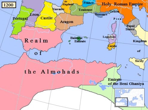 'Map of the Almohad dynasty/empire in North Africa/Iberia, AD 1200'. * * *  Author: Gabagool / Jarle Grhn This file is licensed under the Creative Commons Attribution 3.0 Unported license. Further details: http://en.wikipedia.org/wiki/File:Almohad120