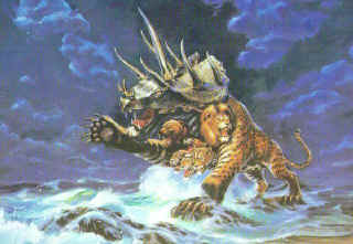 The beast of Revelation, having seven heads and ten horns and rising from the sea.