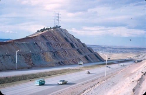The famous road-cut along I-70 west of Denver in a dated photo from 1974.