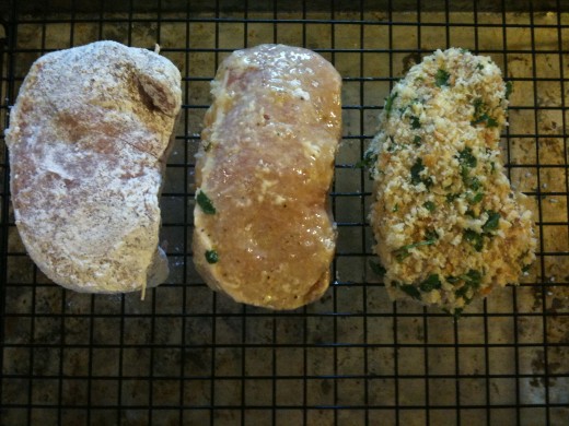 You'll dip each chop first into flour, then the egg wash, then into the breading.