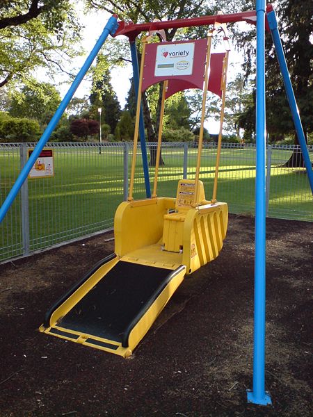 A swing built for wheelchair access playground swing in the Taupo Domain, Taupo, Waikato, New Zealand. 