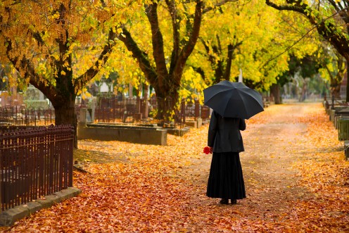 A cemetery in Autumn, a woman mourns.